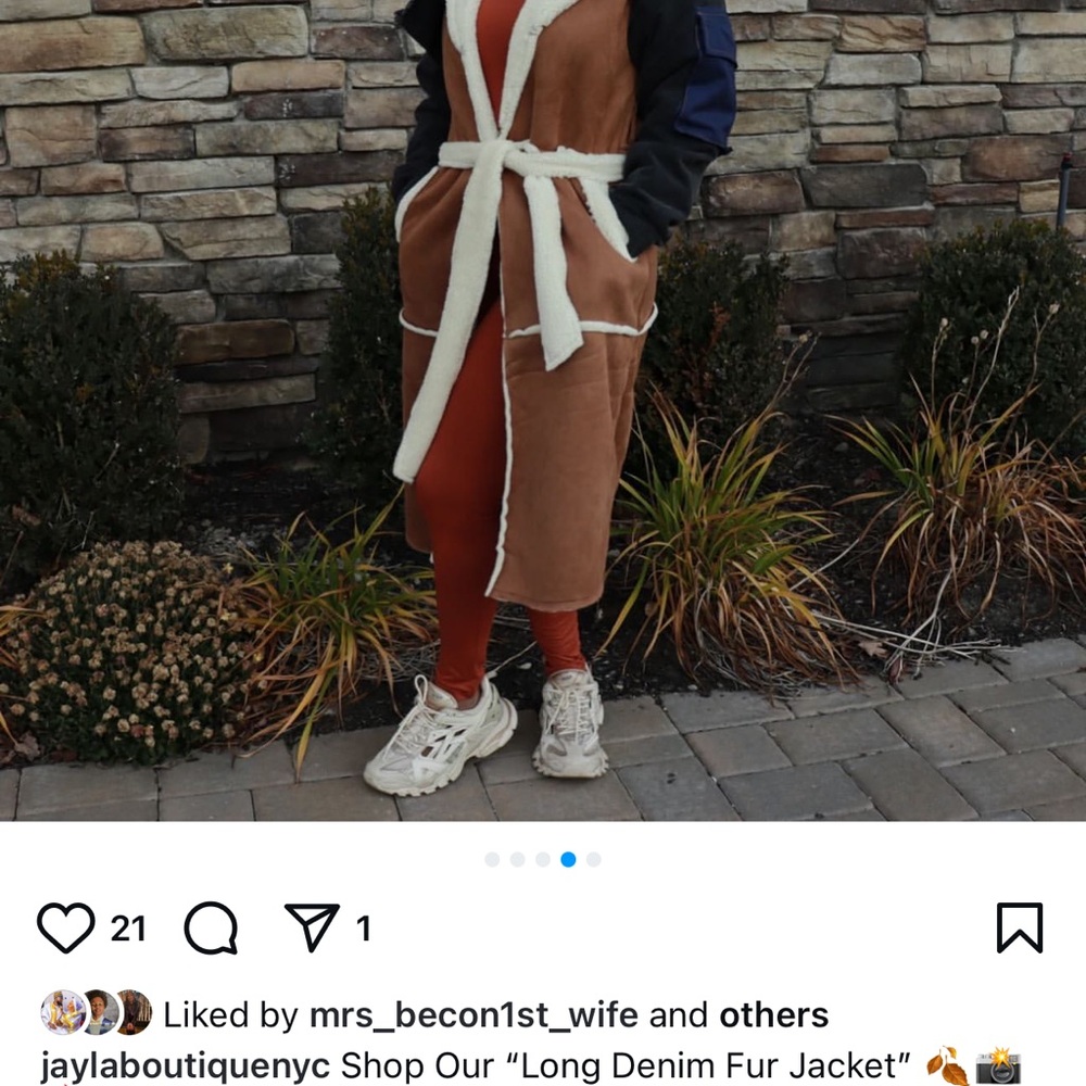 Brown and Cream Long Denim Fur Jacket